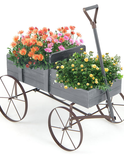 Giantex Decorative Garden Planter, Small Wagon Cart with Metal Wheels, Wood Raised Beds Plant Pot Stand for Backyard Garden Patio 24.5"x13.5"x24"