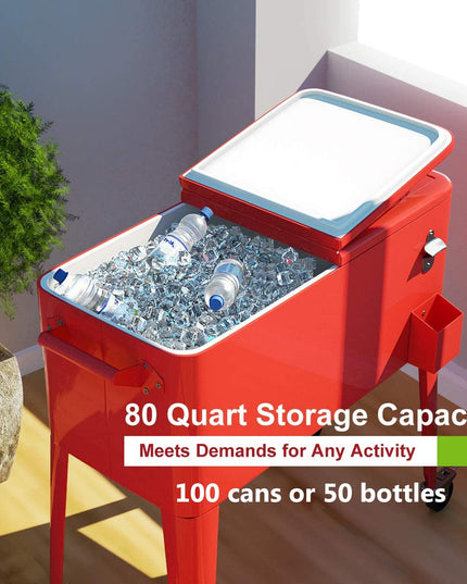 80 Quart Cooler Cart Outdoor Cooler Cart ,Portable Cooler with Casters,Red Metal