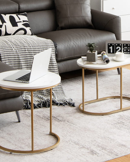 Giantex Modern Nesting Coffee Table Set of 2, Accent Marble Look Stacking Side Table for Living Room Bedroom