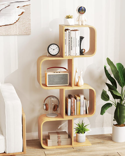 Giantex 4-Tier S-Shaped Bamboo Bookshelf with 4 Open Cubes