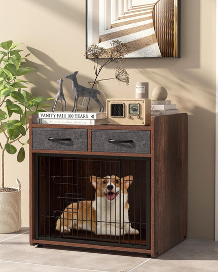 Giantex Dog Crate Furniture - Wooden Dog Cage End Table with 2 Storage Drawers