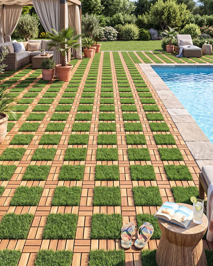 GIANTEX 30 PCS Interlocking Acacia Wood & Artificial Grass Deck Tiles