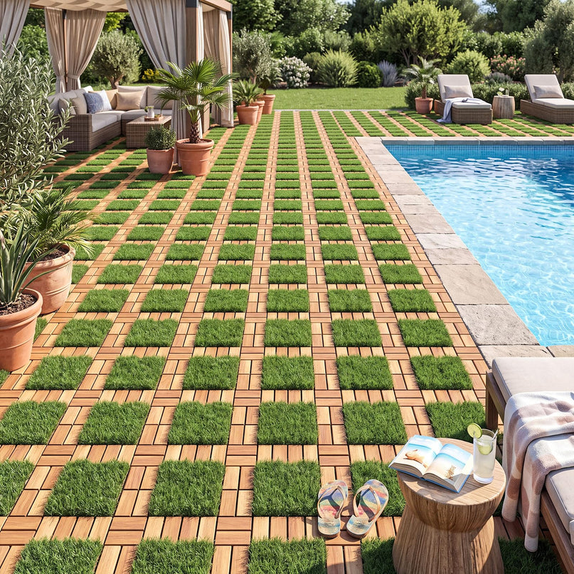 GIANTEX 30 PCS Interlocking Acacia Wood & Artificial Grass Deck Tiles