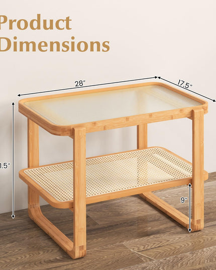 Giantex Rattan Side Table, Boho End Table with Glass Top and 2-Tier Storage Shelves