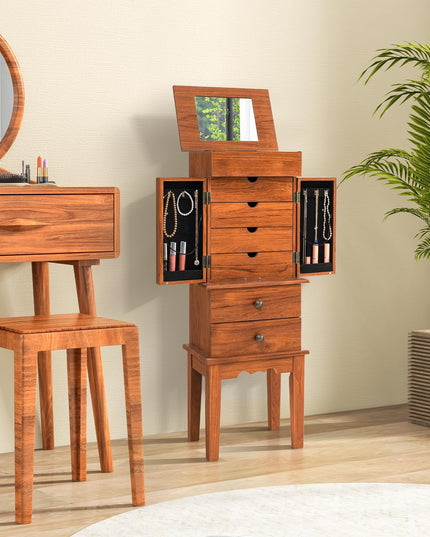 CHARMAID Jewelry Cabinet with 6 Drawers, Standing Jewelry Armoire with Flip Top Mirror, 2 Side Doors with 6 Necklace Hooks
