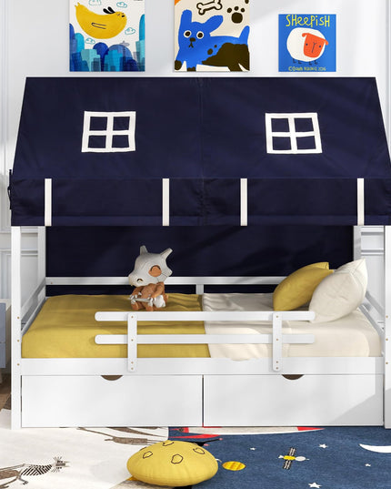 Giantex Twin House Bed with Tent, Wood Kids Bed with 2 Storage Drawers, Solid Wood Daybed Frame with Rails and Roof