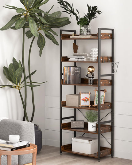 Giantex Industrial 6-Tier Bookshelf, 70" Tall Freestanding Storage Display Shelf with 4 Hooks