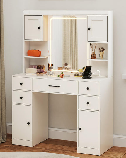 CHARMAID Vanity Desk with Mirror and Lights, White Makeup Vanity Desk with 5 Drawers