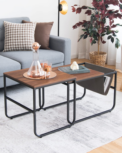 Nesting Coffee Table Set of 2, Stackable Side Table w/Side Pocket