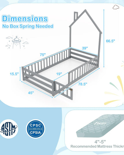 Giantex Twin Floor Bed, House-Shaped Montessori Bed Frame with Headboard, Full-Length Guardrail