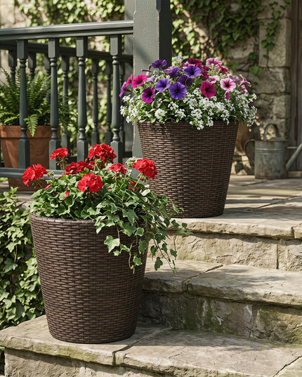 Giantex 15 Inch & 11.5 Inch Taper Rattan Planters with Drainage Holes and Saucers