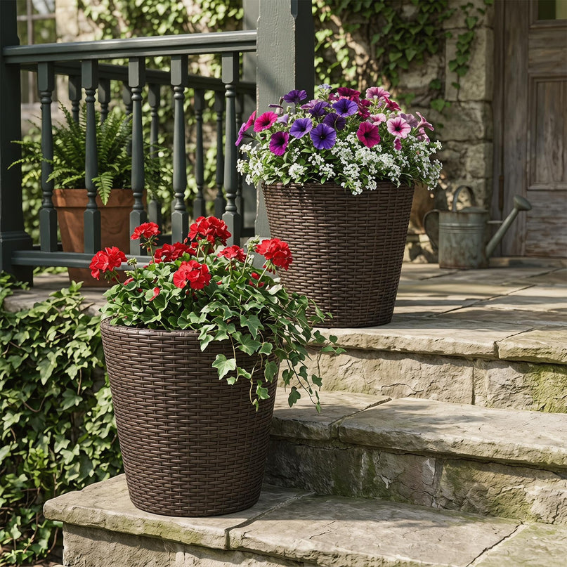 Giantex 15 Inch & 11.5 Inch Taper Rattan Planters with Drainage Holes and Saucers