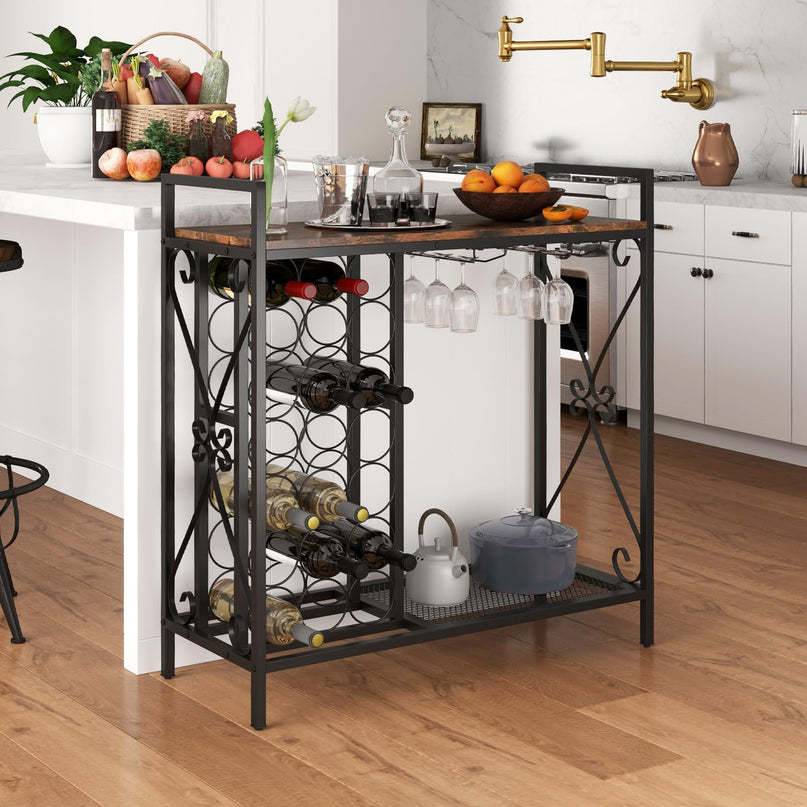 Giantex 21-Bottle Wine Rack Freestanding Floor, Wine Bar Table with 6-Glass Wine Glass Holder