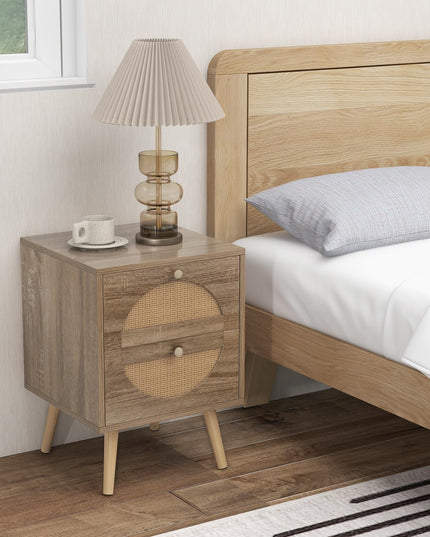 Giantex Rattan Nightstand Set of 2, Boho Bedside Tables with 2 Rattan Drawers