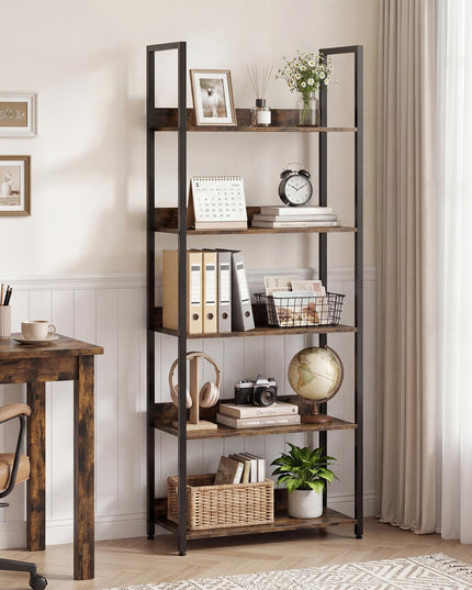 Giantex 5-Tier Tall Wooden Open Bookcase with Back Panels & Metal Frame (1/2)