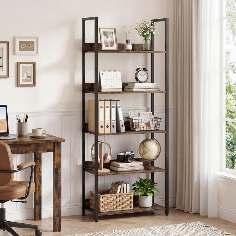 Giantex 5-Tier Tall Wooden Open Bookcase with Back Panels & Metal Frame (1/2)