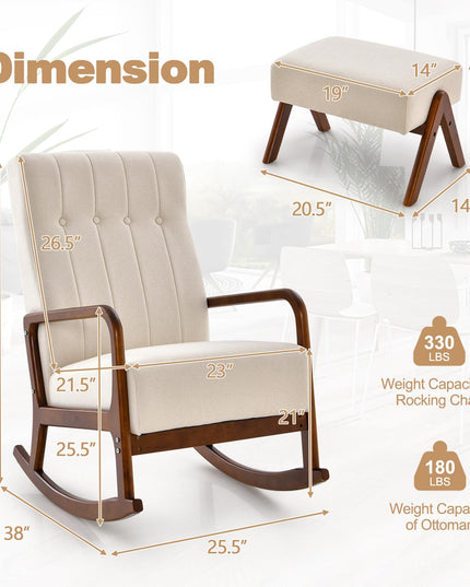 Giantex Rocking Chair with Ottoman, Upholstered Rocker Chair with Solid Rubber Wood Frame