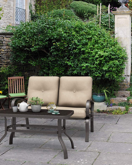 2 Pcs Patio Loveseat with Coffee Table Outdoor Bench with Cushion and Metal Frame