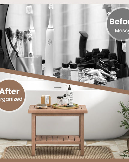 Giantex Teak Shower Bench, 21" Waterproof Spa Bath Seat with Storage Shelf and Non-Slip Foot Pads
