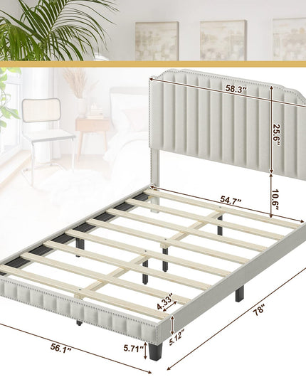 Giantex Upholstered Bed Frame, Linen Platform Bed w/Rivet Headboard, Heavy Duty Mattress Foundation