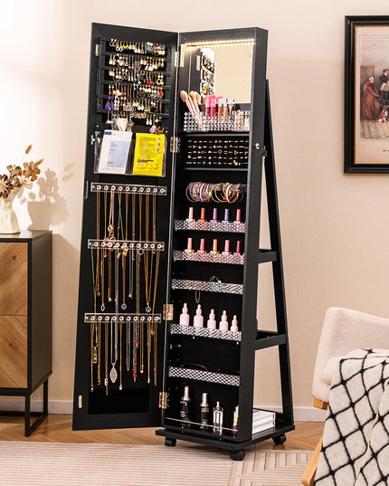 CHARMAID Jewelry Cabinet Armoire with Wheels, 64" Full Length Mirror with Jewelry Storage
