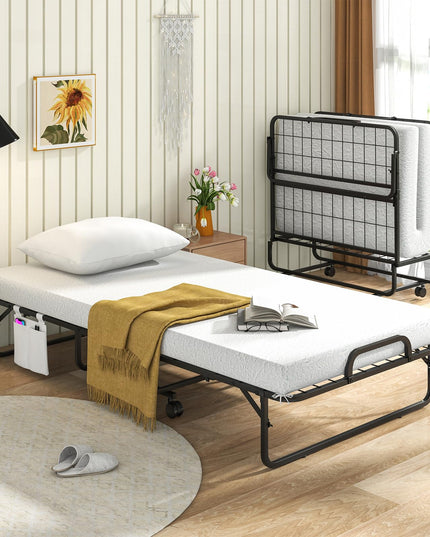 Giantex Folding Bed with Mattress and Pillow, Twin Size Portable Guest Bed w/Metal Frame