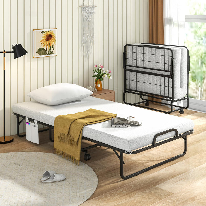 Giantex Folding Bed with Mattress and Pillow, Twin Size Portable Guest Bed w/Metal Frame