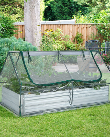 Giantex Galvanized Steel Raised Garden Bed with Mini Greenhouse, Outdoor Metal Planter Box Kit with Large Roll-up PVC Cover