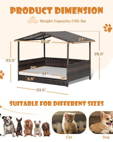Giantex Wicker Dog House, Raised Rattan Dog Bed with Roof, Removable Cushion and Steel Frame