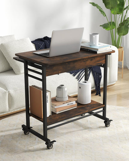 Giantex Mobile Computer Desk, Rolling Writing Desk with Keyboard Tray, Shelf & 3 Hanging Hooks, Rustic Brown & Black