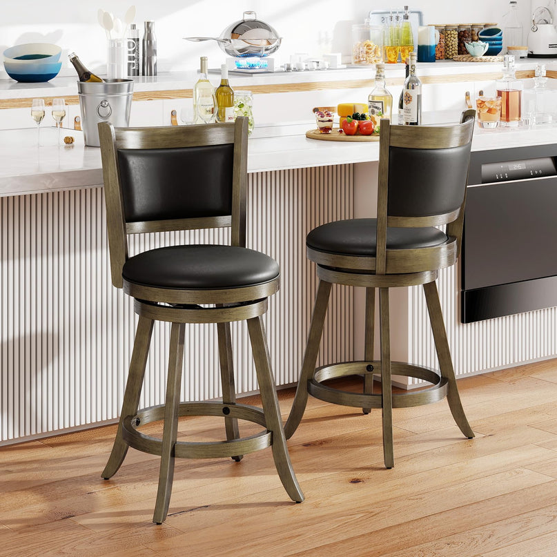 Giantex Accent Wooden Swivel Back Counter Height Bar Stool, Fabric Upholstered Design