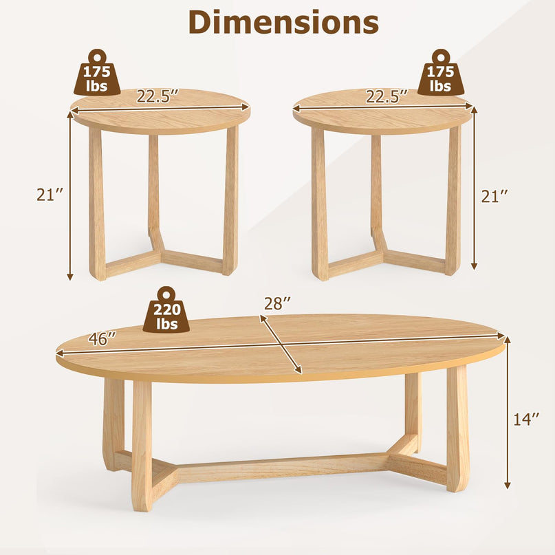 Giantex Oval Coffee Table and End Tables Set of 3 | Mid Century Modern Coffee Table and 2 Round Side Tables