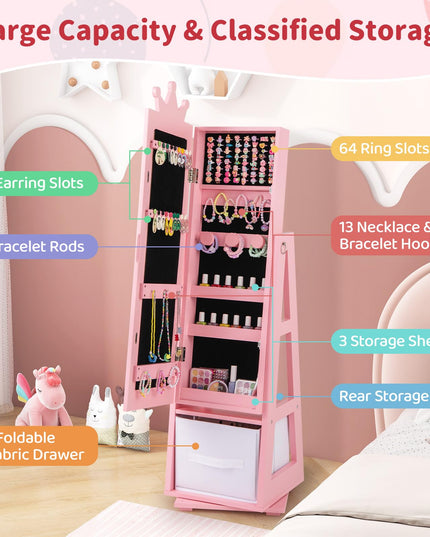 CHARMAID 360° Swivel Kids Jewelry Cabinet, 47" Full Length Mirror with Jewelry Storage