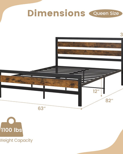 Giantex Queen Metal Platform Bed Frame with Wooden Headboard & Footboard, Rustic Brown