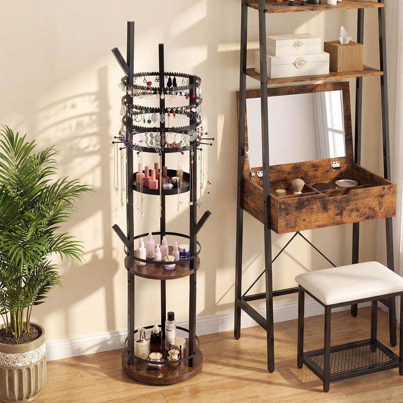CHARMAID 360° Rotating Floor Standing Jewelry Organizer | 58.5" Jewelry Tree with 3-Tier Earring Holders
