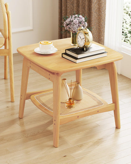 Giantex Rattan Side Table, Boho End Table with Storage Shelf, 2-Tier Bedside Table for Small Spaces