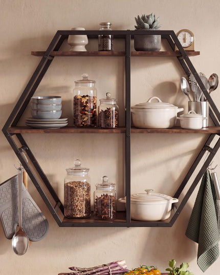 GIANTEX Industrial Hexagon Wall Shelf with 3-Tier Storage Shelves & 4 Hooks