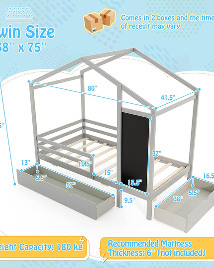 Giantex Twin Bed with 2 Storage Drawers, Solid Wood House Bed with Blackboard & Safety Guardrails