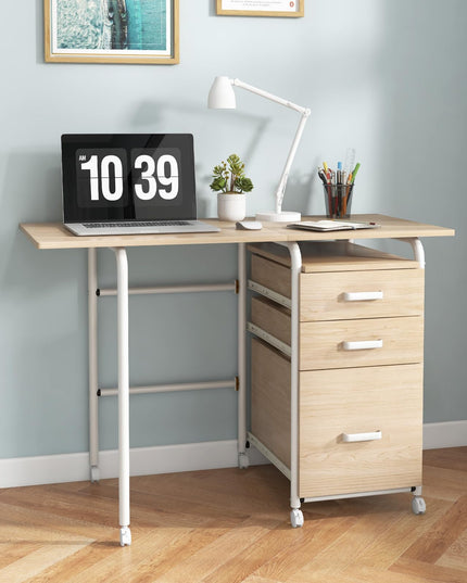 Giantex Folding Desk for Small Space, Rolling Home Office Desk with 3 Drawers & Lockable Universal Wheels