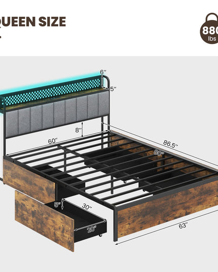 Giantex LED Bed Frame with Charging Station, Metal Platform Bed with Upholstered Headboard & 4 Storage Drawers