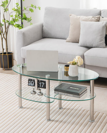 Giantex Oval Glass Coffee Table - 3-Tier Transparent Tempered Glass Center Table with Metal Stand, 35"× 20" ×18"