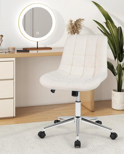 Giantex Armless Office Chair, Modern Faux Fur White Vanity Chair with Wheels & Adjustable Height