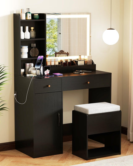 CHARMAID Vanity Desk with Mirror and Lights, Makeup Vanity Desk with Drawers, Shelves, Side Cabinet