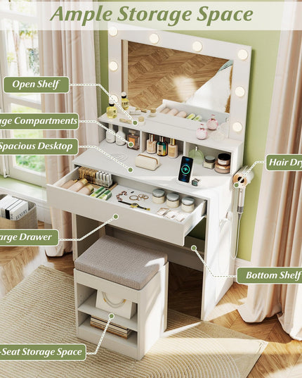 Vanity Desk with Mirror and Lights for Bedroom Small Space