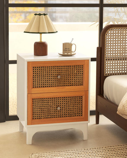 Giantex Rattan Nightstand with Drawers, Natural Rattan End Table, Cane Accent Bedside Table with Solid Wood Legs for Bedroom