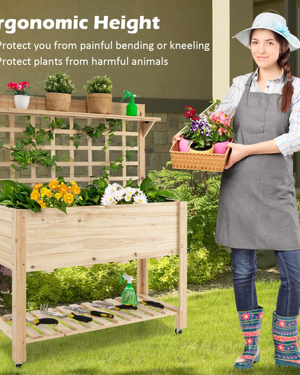Giantex Raised Garden Bed on Wheels, Wood Planter with Trellis, Black Liner Storage Shelf