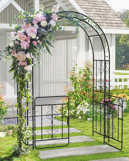 Giantex Garden Arbor with Gate, 84" H x 54" W Metal Arch Trellis for Climbing Plants Rose Vines