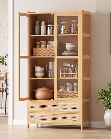 GIANTEX 54.5" Tall 6-Tier Freestanding Bamboo Bookshelf with 2 Acrylic Doors and 2 Drawers