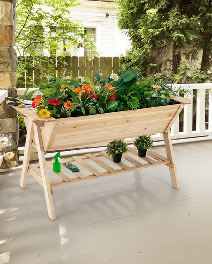 Giantex Plant Raised Bed 2 Tiers Garden Bed, Outdoor Fir Wood Plant Container with Storage Shelf