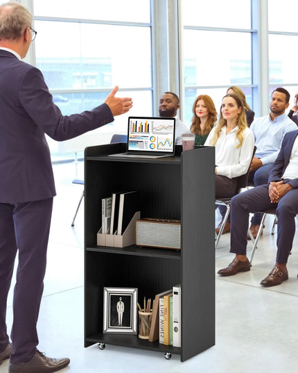 Giantex Portable Podium Stand, Lectern Podium with 2 Storage Shelves, 4 Universal Wheels, Mobile Speaking Podium Hostess Stand Pulpits